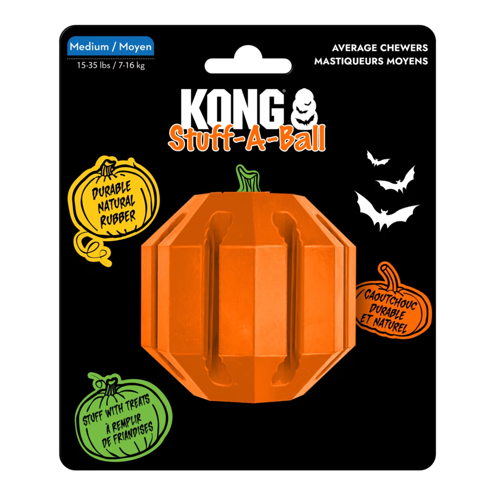 KONG Stuff-A-Ball average chewer in orange, packaged on a black card with Halloween-themed graphics and text.