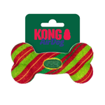 Kong AirDog dog toy in a bone shape, featuring red and green diagonal stripes, attached to a dark green cardboard hanger card with 'KONG AirDog' printed in pink and purple.