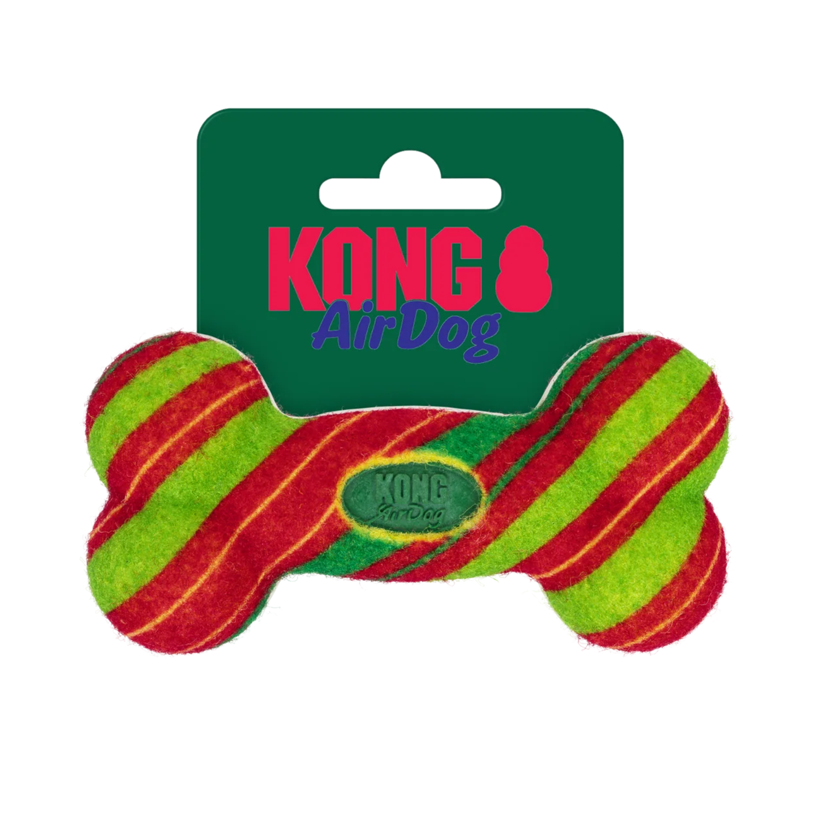 Kong AirDog dog toy in a bone shape, featuring red and green diagonal stripes, attached to a dark green cardboard hanger card with 'KONG AirDog' printed in pink and purple.