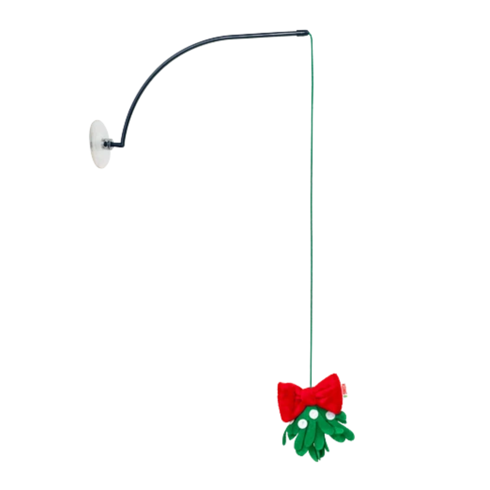 A Christmas mistletoe wall-mounted toy or decoration with a black curved arm, green hanging cord, white suction-style wall mount, green mistletoe leaves, white dots, and a red bow on a plain white background.
