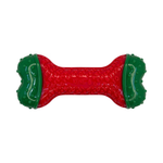 Red and green dog toy shaped like a bone on a white background