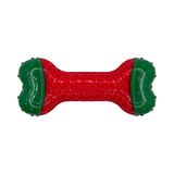 Red and green dog toy shaped like a bone on a white background