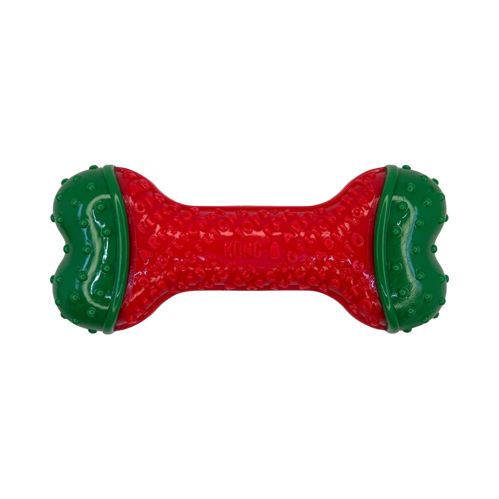 Red and green dog toy shaped like a bone on a white background