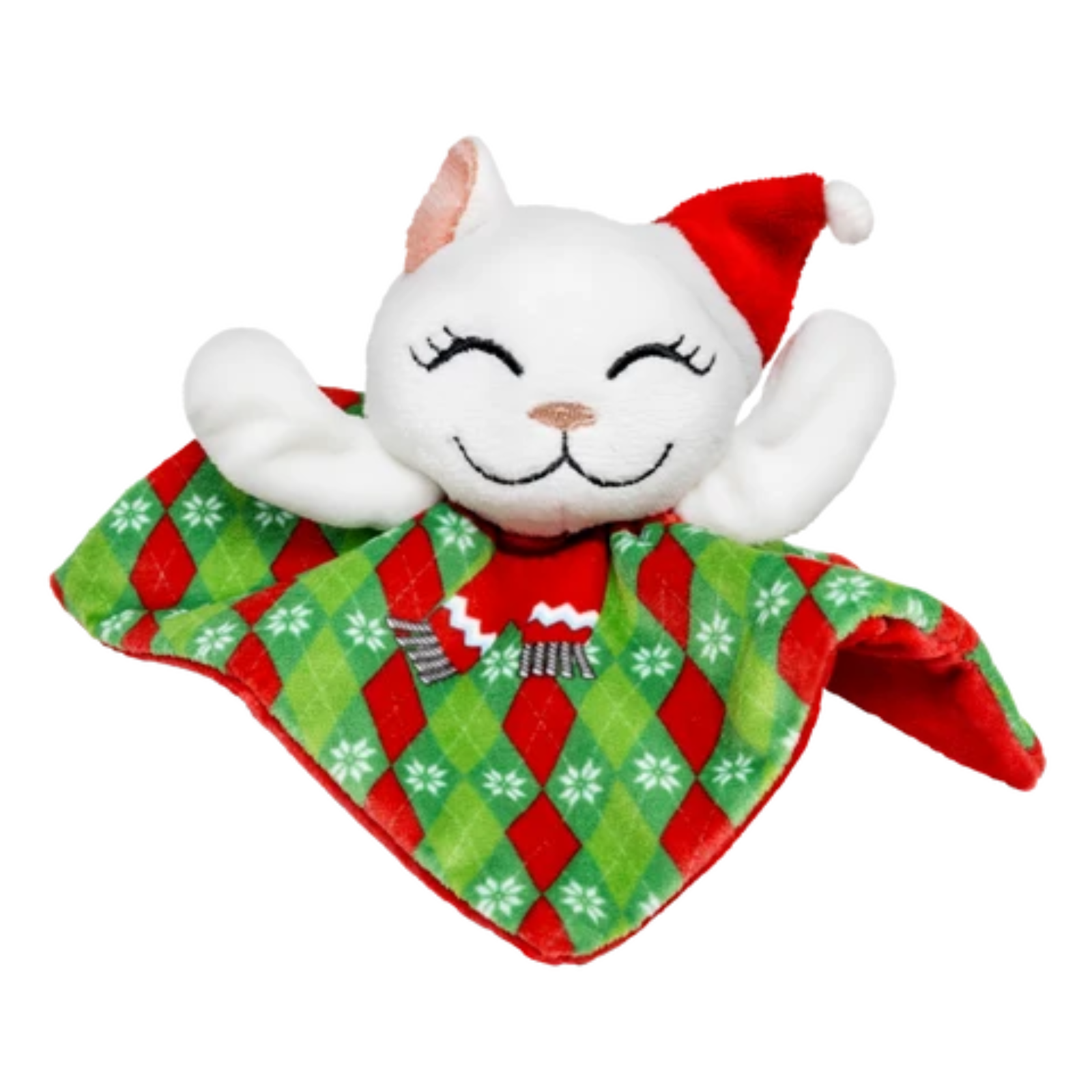 A white plush cat security blanket featuring a red Santa hat and a red and green argyle patterned scarf with white snowflakes.