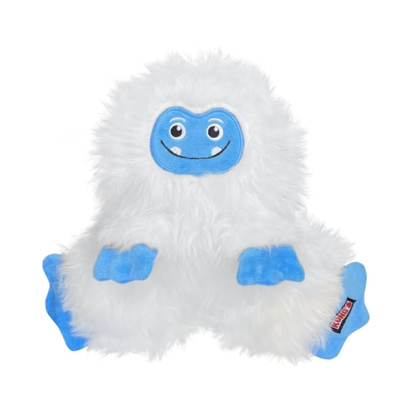 Plush toy resembling a yeti with blue accents on a white background