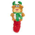 A plush Christmas reindeer dog toy with green antlers, a green scarf, a tan face and body, white belly, and a red fluffy tail, shown on a plain white background.
