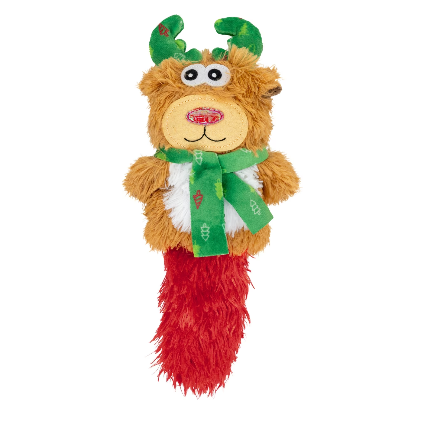 A plush Christmas reindeer dog toy with green antlers, a green scarf, a tan face and body, white belly, and a red fluffy tail, shown on a plain white background.