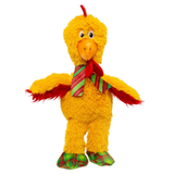 A plush pet toy bird character standing upright on a plain white background. The toy has bright yellow fluffy feathers, a red crest on the head, a red neck scarf, and green-and-red striped plaid socks and scarf details.