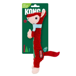 A red plush dog toy shaped like a cartoon character, attached to a green cardboard backing with the KONG brand logo, shown on a plain white background.