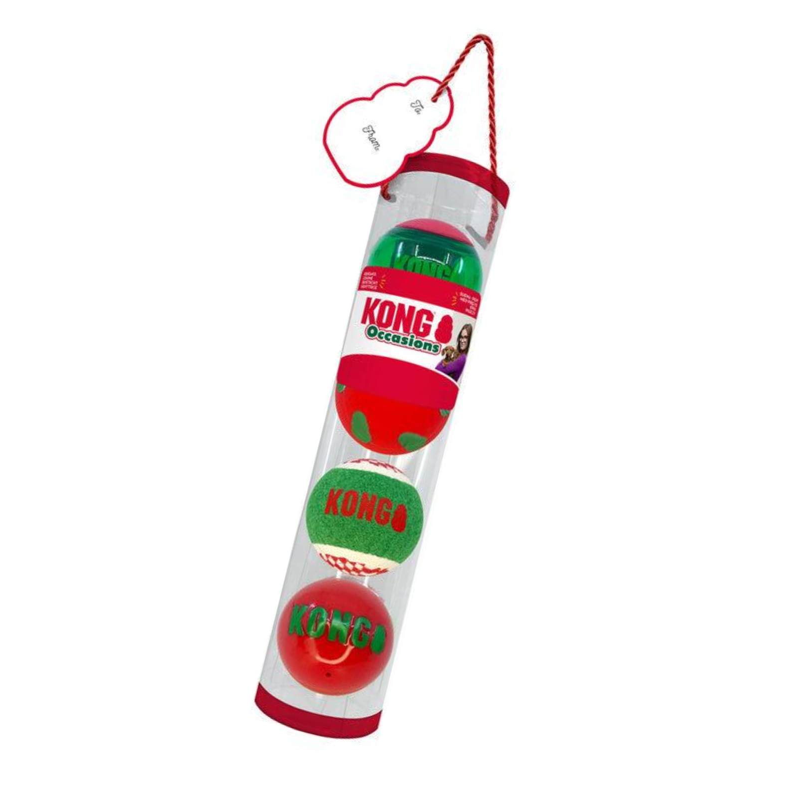 KONG ball game in a clear cylindrical plastic tube with red trim, hanging tag, and three interlocking balls in red and green, photographed on a white background.