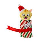 A plush cat-shaped Christmas gift toy with a yellow face, red Santa hat, and red, white, and green striped wrapping, tied with a red ribbon that says 'Merry Christmas.'.