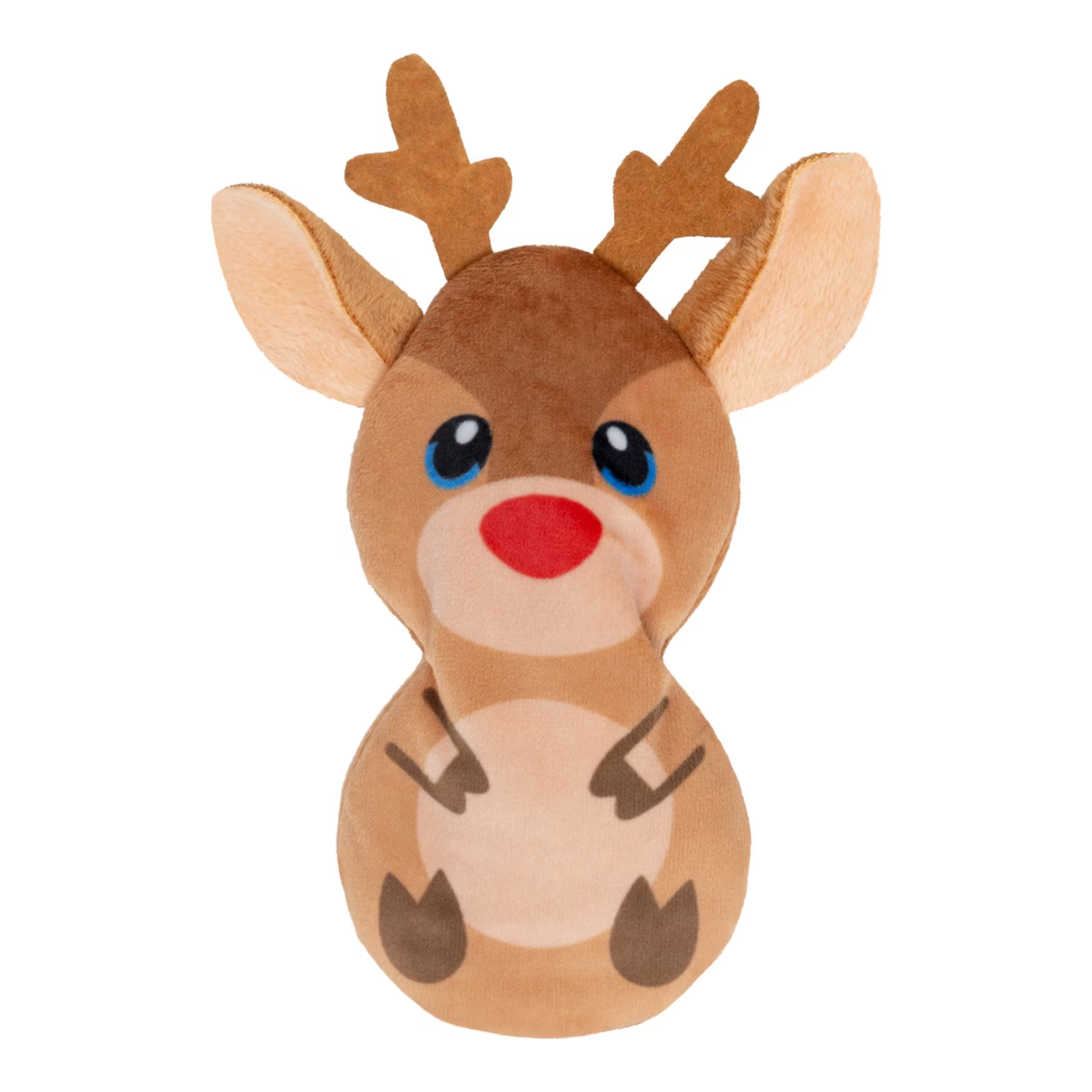 A plush toy reindeer with brown and beige fur, blue eyes, and a red nose, centered on a plain white background.