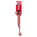 Kong Ruffwear dog toy, a red and white striped rope tug toy with a black plastic head and white tassel, on its original red cardboard packaging.