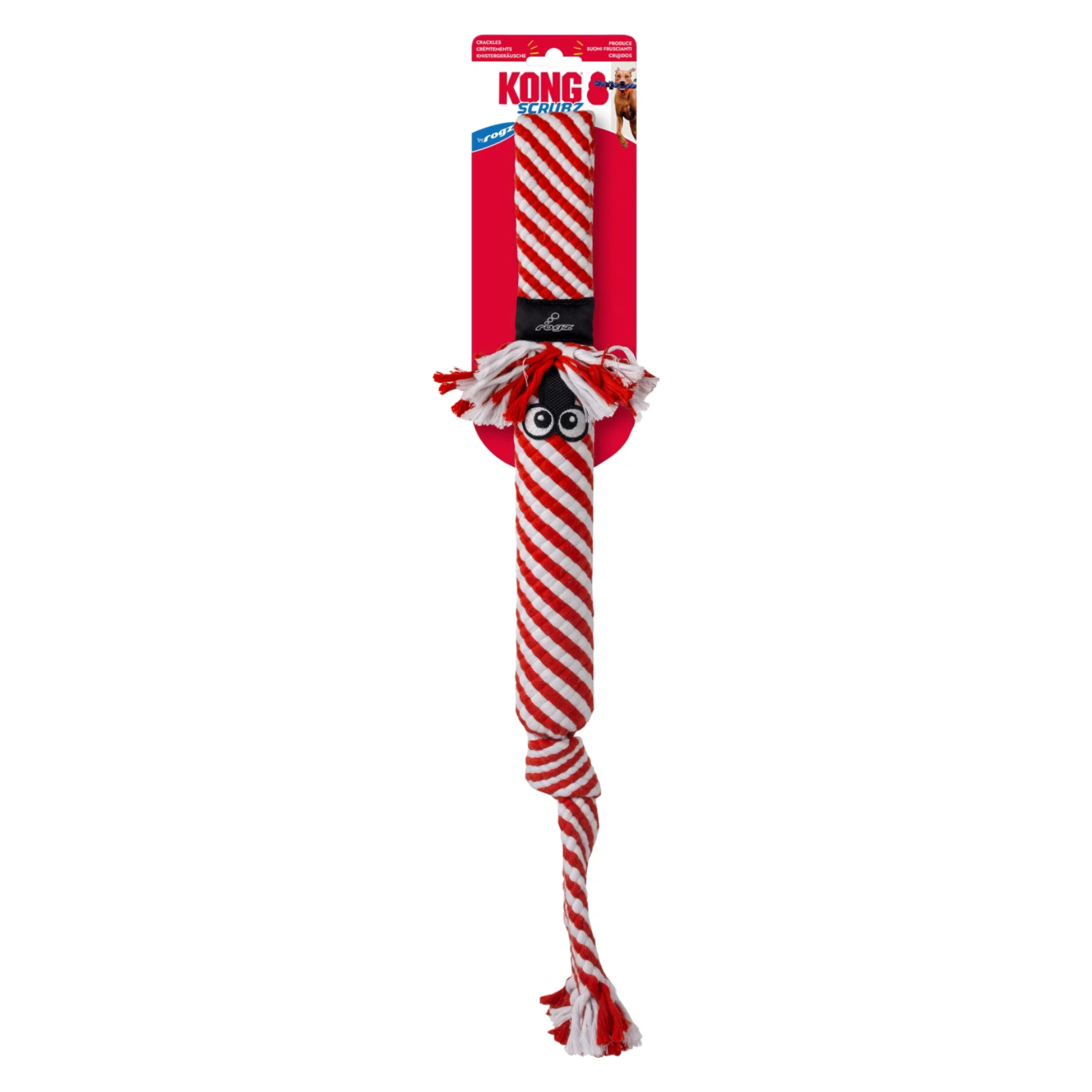 Kong Ruffwear dog toy, a red and white striped rope tug toy with a black plastic head and white tassel, on its original red cardboard packaging.