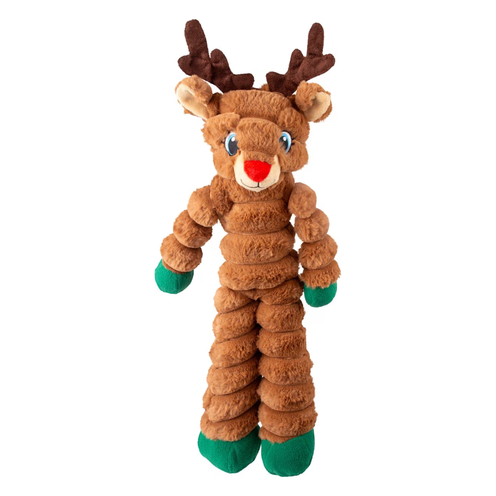 Plush reindeer toy with a red nose on a white background