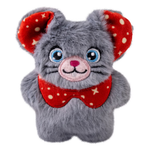 A gray plush toy shaped like a bear or mouse, with red ears and a red bow tie patterned with cream dots and stars, on a plain white background.