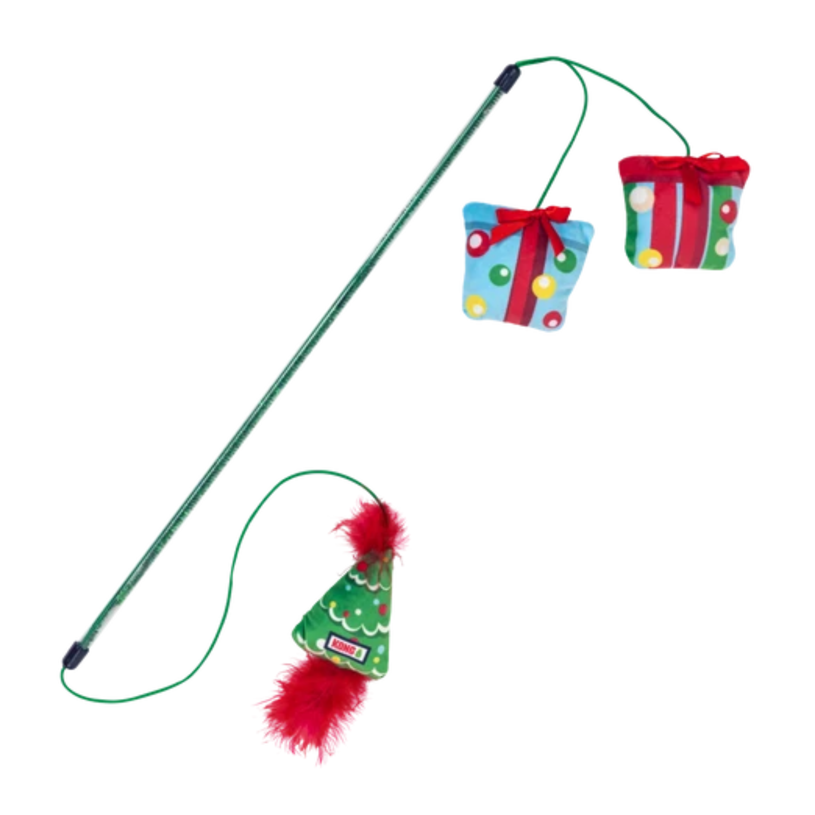 A Christmas-themed cat toy set featuring a long green wand with a green wire, a green Christmas tree cone toy with red feathers, and two colorful gift bag toys with red ribbons and bows, all on a plain white background.