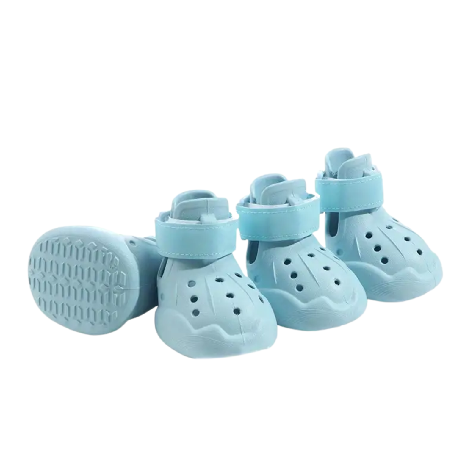 Light blue pet boots with straps on a white background