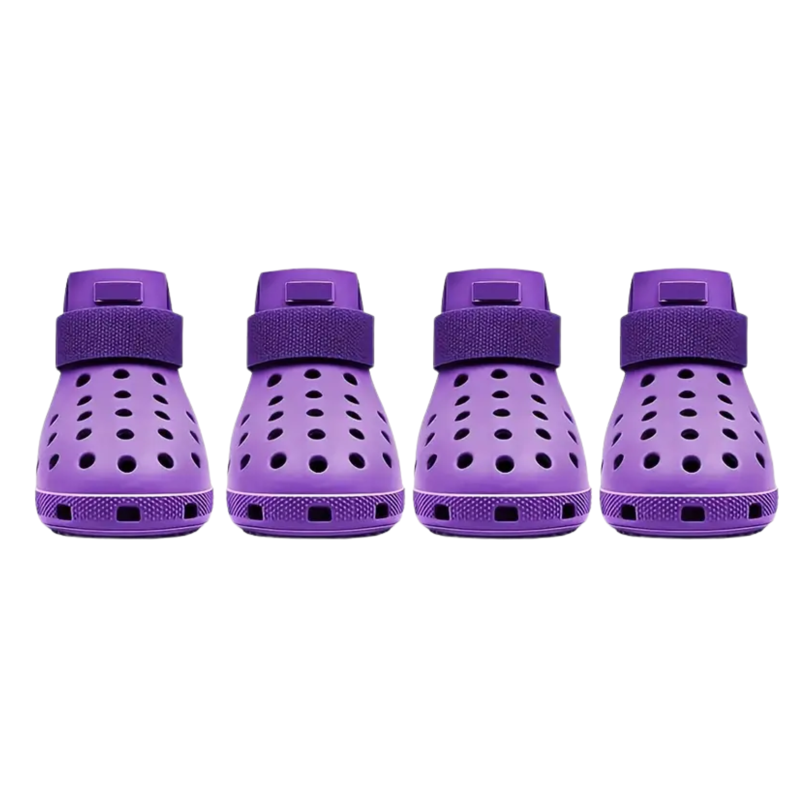 Four purple children's shoes with straps on a white background