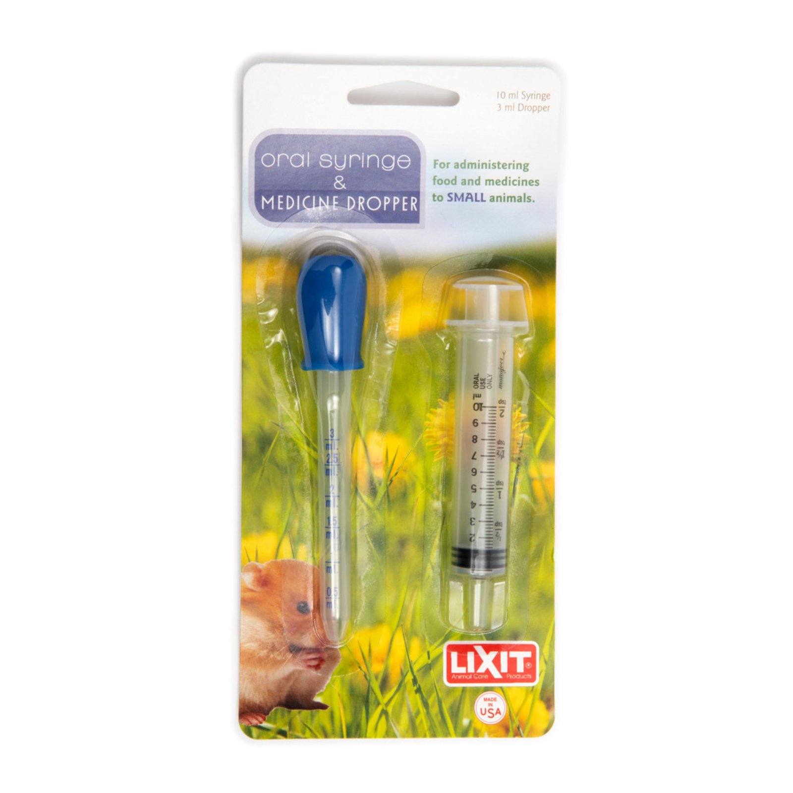 Lixit oral syringe and medicine dropper packaging with a mouse on a grassy background