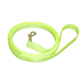 Neon green dog leash with reflective strip on a white background