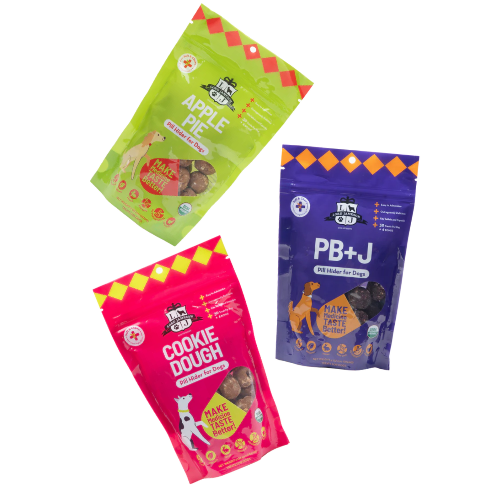 Three colorful packages of dog treats labeled 'Apple Pie', 'Cookie Dough', and 'PB+J' on a white background.