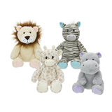 Four plush animal toys on a plain white background: a lion with a tan face and brown mane, a gray-and-black striped zebra with blue feet, a cream giraffe with brown spots, and a light gray hippo with lavender feet.