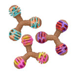 Four textured dog chew toys arranged on a plain white background. Each toy has a brown ribbed handle with colorful, patterned ends in shades of pink, purple, blue, yellow, and red.