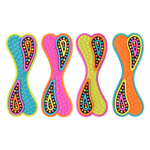 Four colorful silicone teething toys arranged side by side on a plain white background. Each toy has an X-shaped form with textured raised dots and a patterned center featuring pink, yellow, blue, and black paisley-like shapes outlined with small dots.