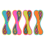 Four colorful silicone teething toys arranged side by side on a plain white background. Each toy has an X-shaped form with textured raised dots and a patterned center featuring pink, yellow, blue, and black paisley-like shapes outlined with small dots.