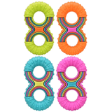 Four silicone baby teething toys arranged in a 2x2 grid on a white background. Each toy has a textured circular end and a ribbed X-shaped center with rainbow-colored grooves.