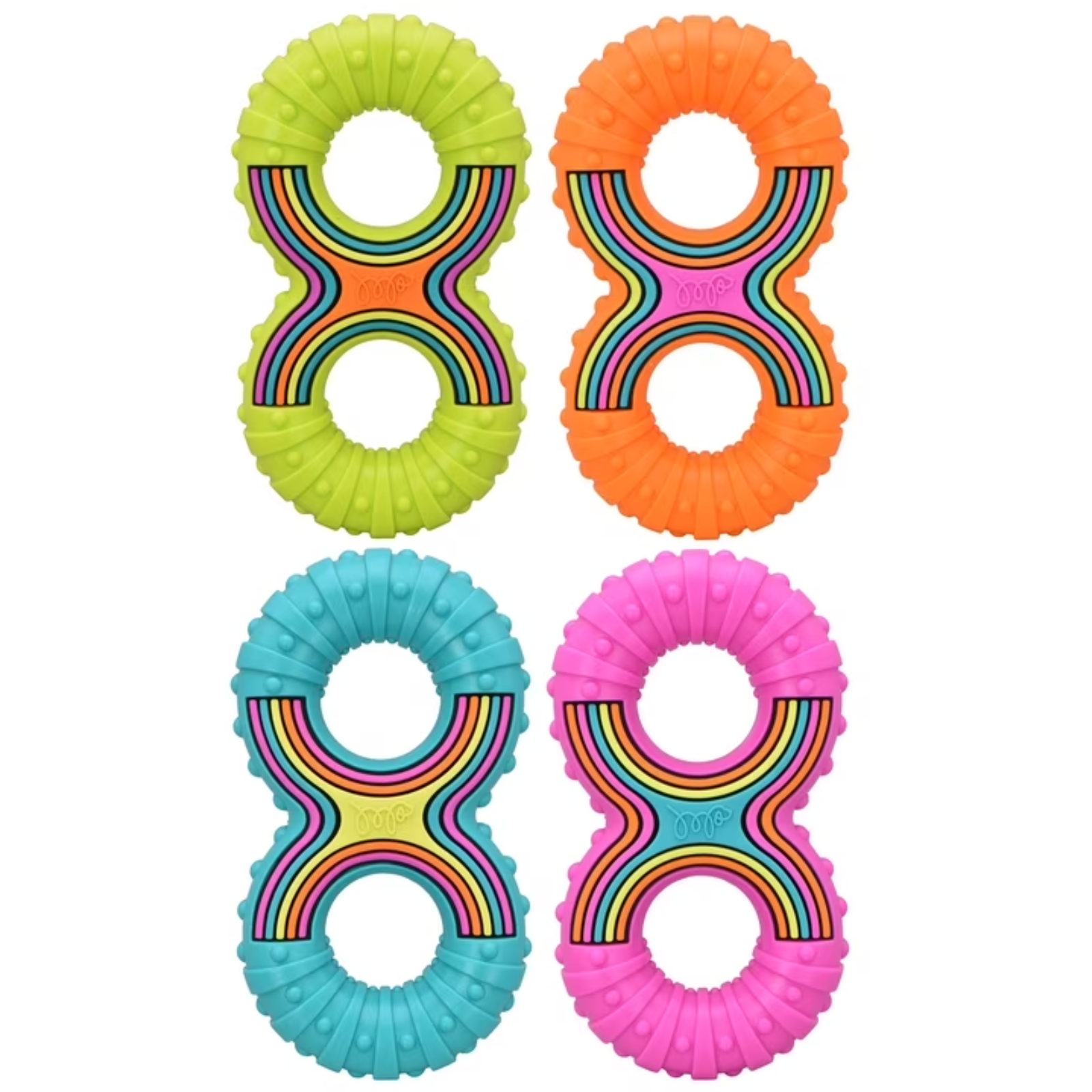 Four silicone baby teething toys arranged in a 2x2 grid on a white background. Each toy has a textured circular end and a ribbed X-shaped center with rainbow-colored grooves.