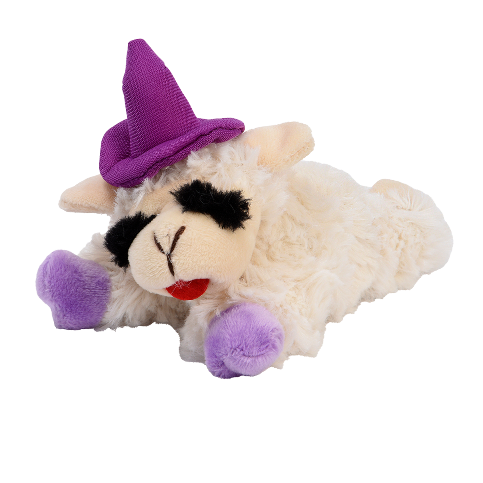 A plush stuffed animal toy shaped like a sheep or lamb, lying down and wearing a purple witch hat with purple pom-poms on its feet and a red stitched mouth, isolated on a white background.