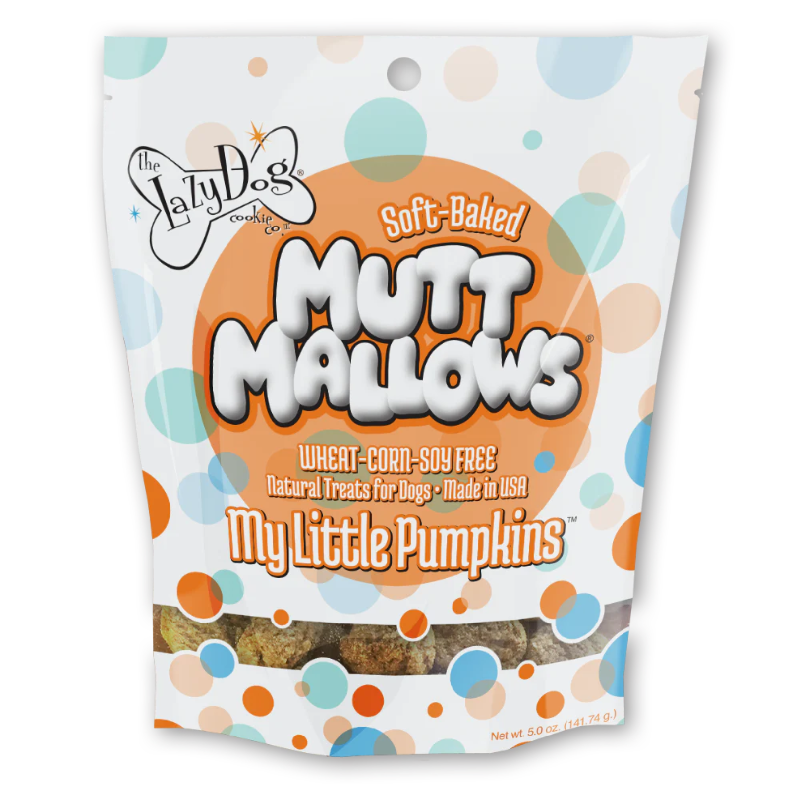 Bag of Muttillows dog treats with colorful design