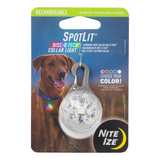 Nite Ize SpotLit Disc-O Tech collar light packaging with a dog wearing the light on a blue background.