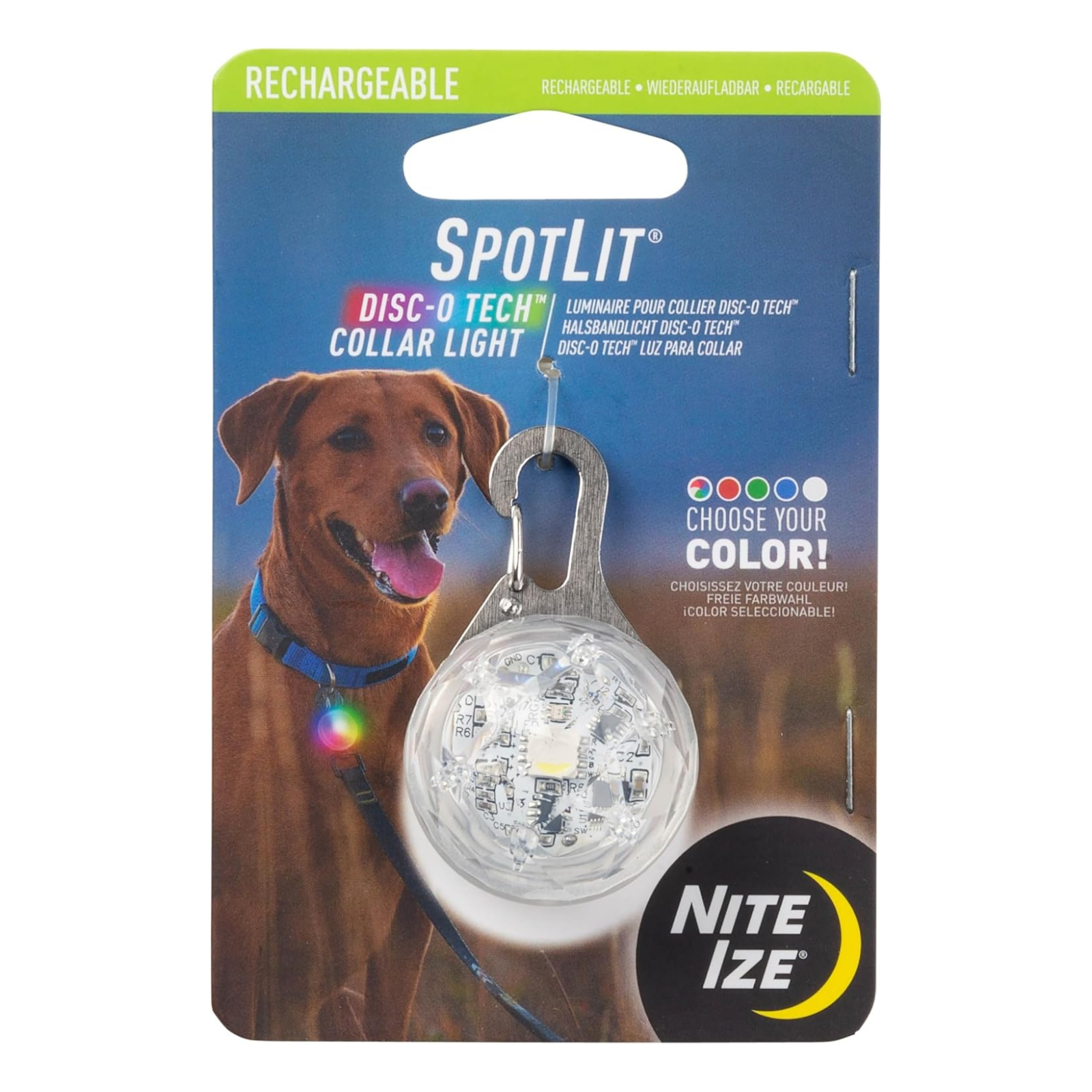 Nite Ize SpotLit Disc-O Tech collar light packaging with a dog wearing the light on a blue background.