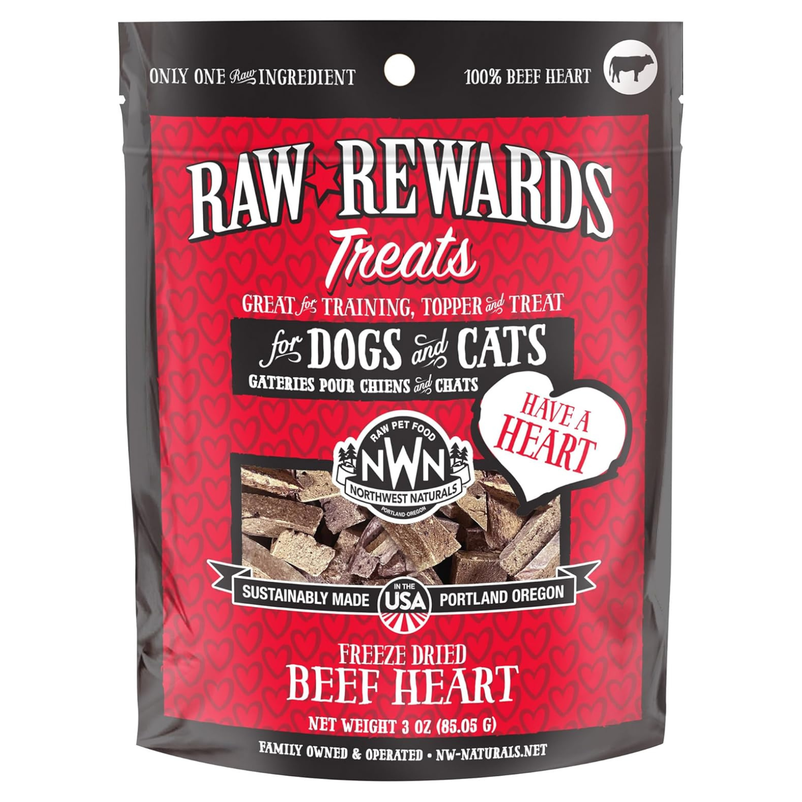 Raw Rewards Treats package for dogs and cats with a red and black design.