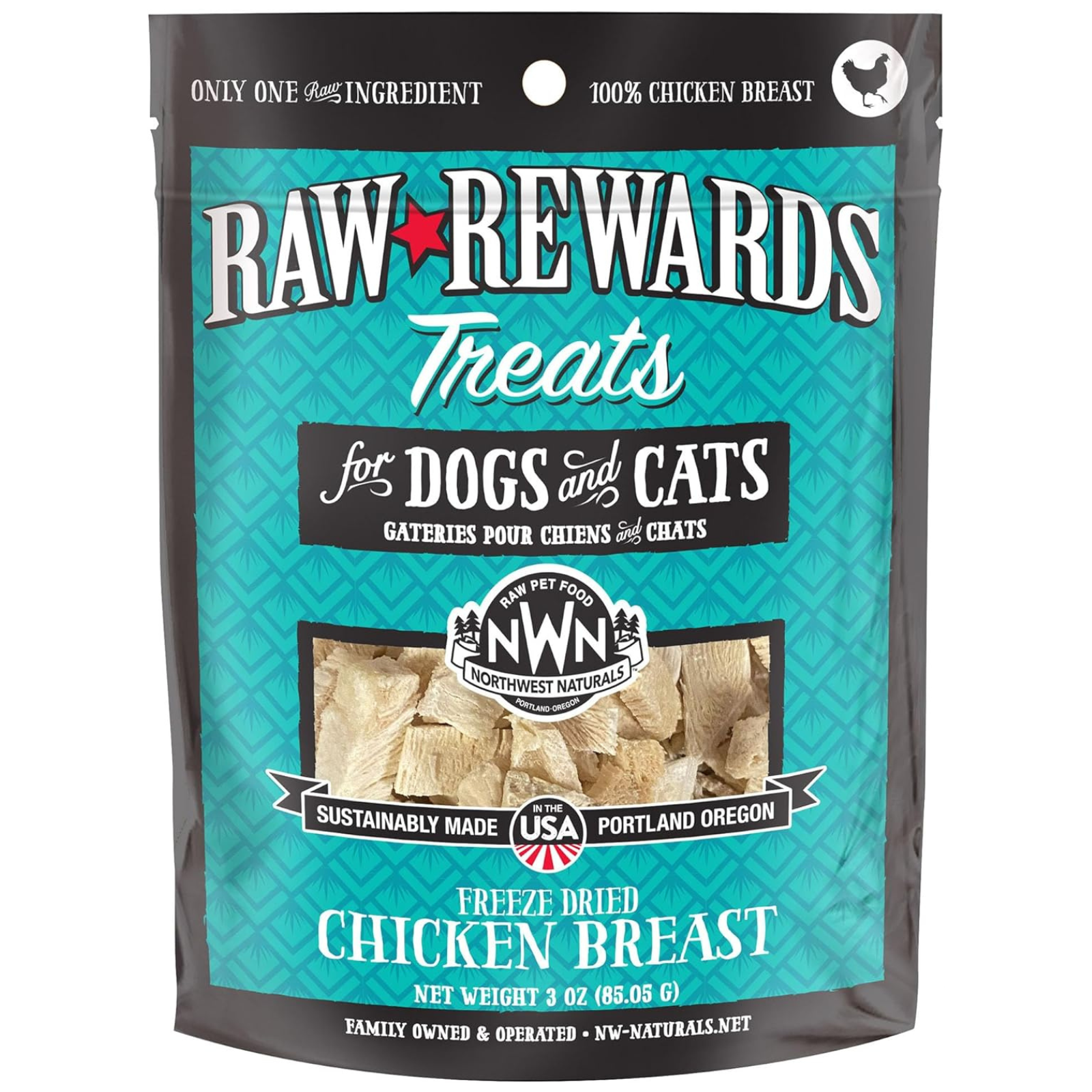 Package of Raw Rewards Treats for dogs and cats with chicken breast flavor on a white background