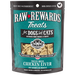 Package of Raw Rewards Treats for dogs and cats with chicken liver flavor on a white background