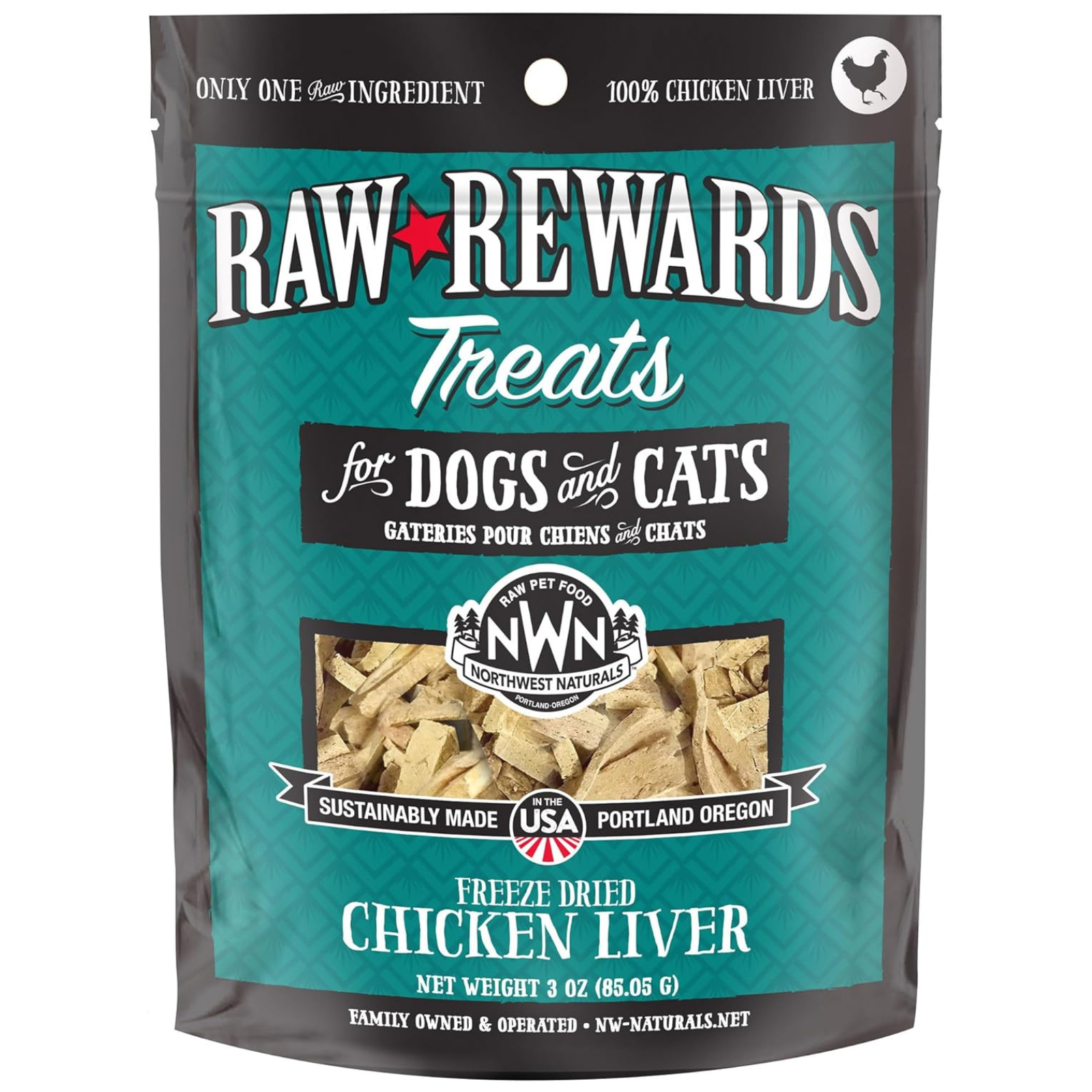 Package of Raw Rewards Treats for dogs and cats with chicken liver flavor on a white background