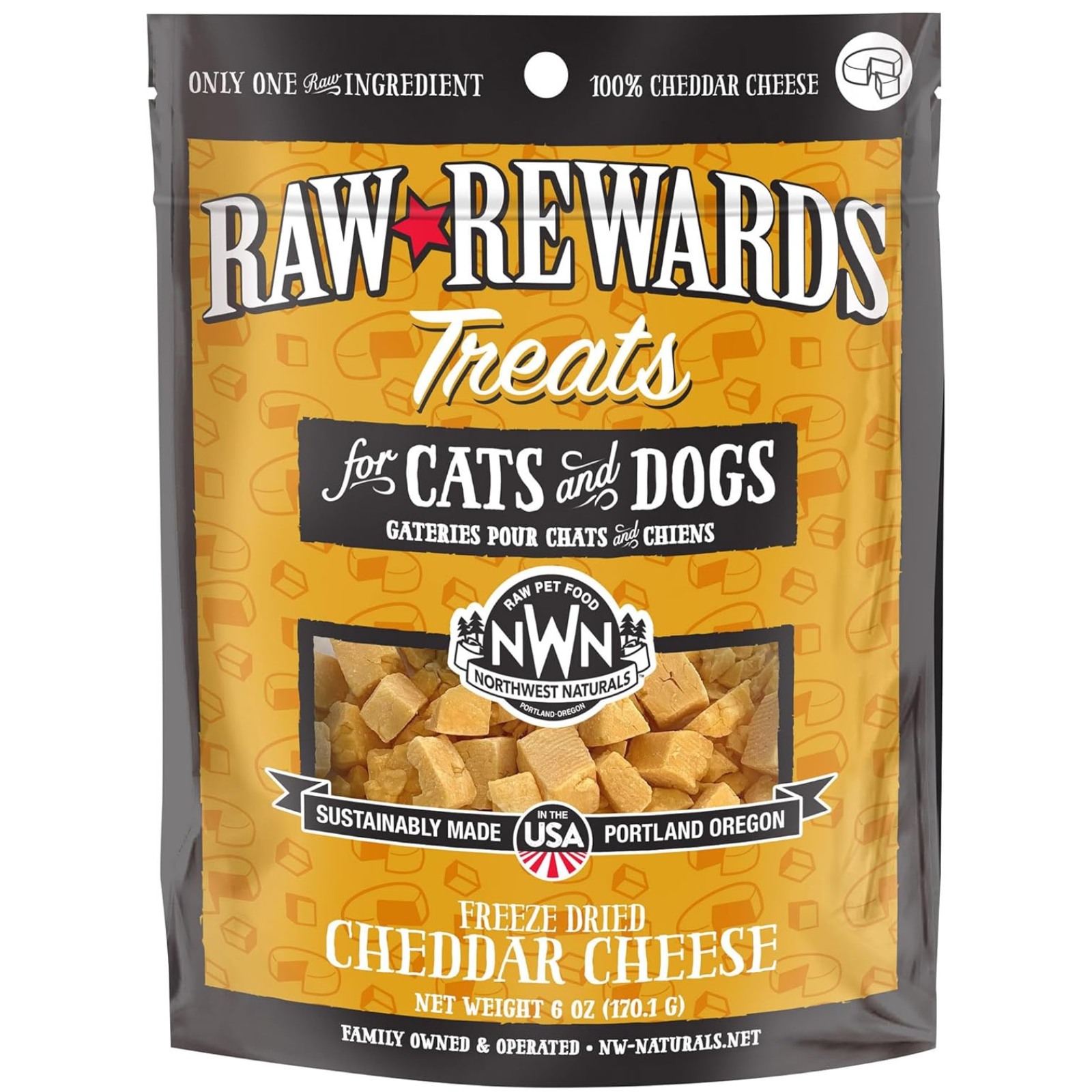 Package of Raw Rewards Treats for cats and dogs with cheddar cheese flavor on a white background