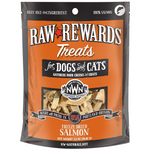 Package of Raw Rewards Treats for dogs and cats with freeze-dried salmon on an orange background.