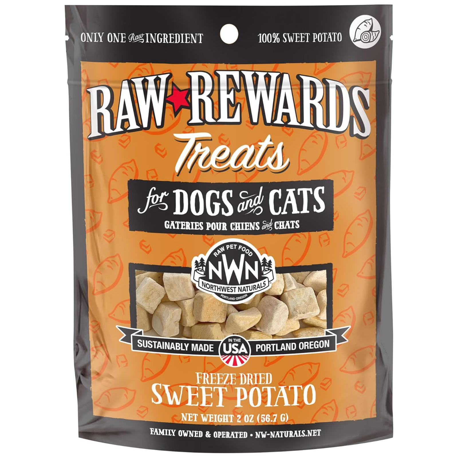 Package of Raw Rewards Treats for dogs and cats with a sweet potato flavor.
