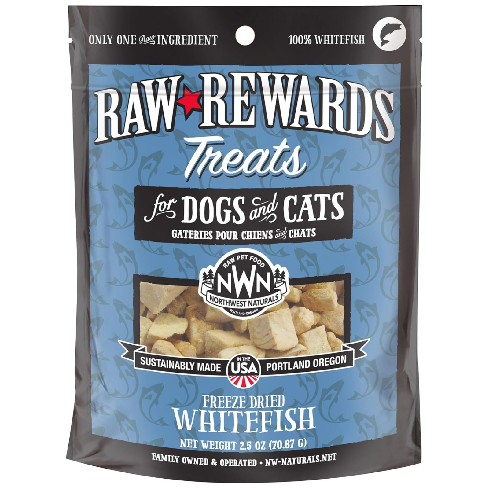 Package of Raw Rewards Treats for dogs and cats with whitefish on a blue background