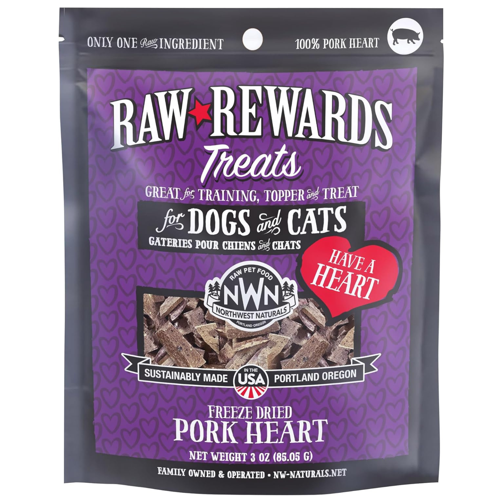 Raw Rewards Treats package for dogs and cats with a purple background