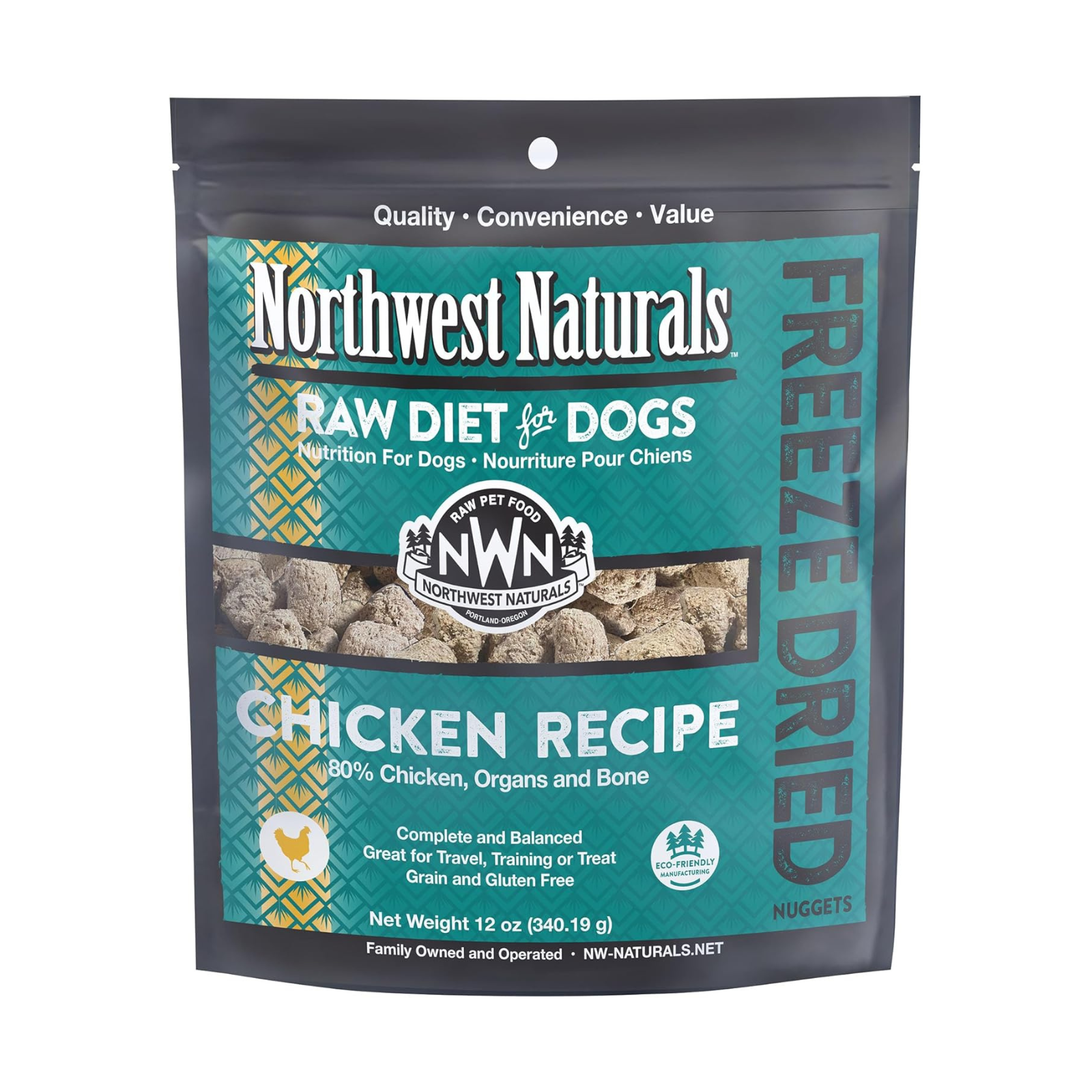 Package of Northwest Naturals raw diet for dogs with chicken recipe on a white background