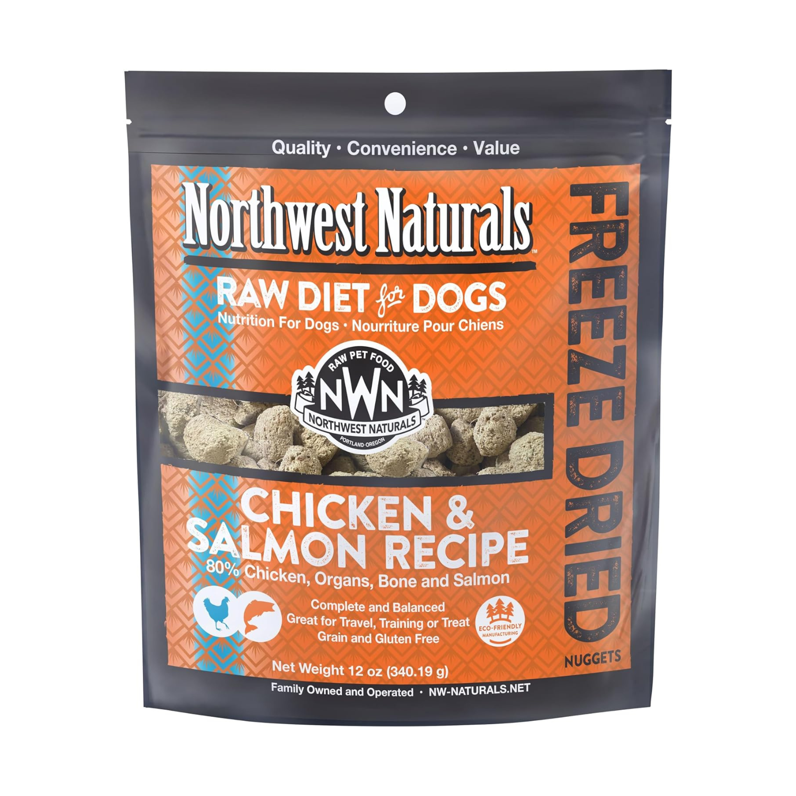 Package of Northwest Naturals raw diet for dogs with chicken and salmon recipe on an orange background.