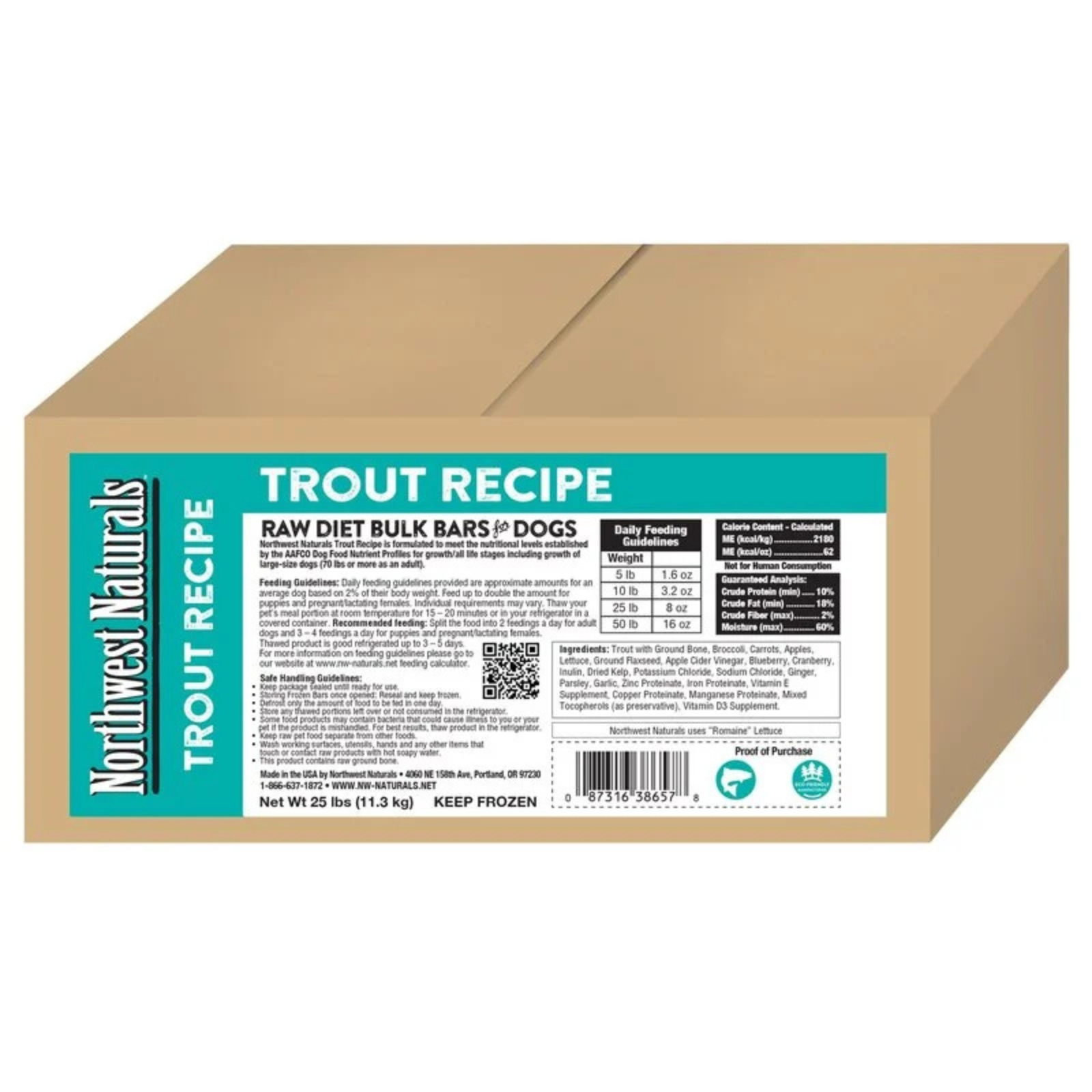 Cardboard box of Northwest Naturals Trout Recipe raw diet bulk bars for dogs on a white background