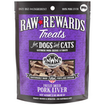 Purple package of Raw Rewards Treats for dogs and cats with pork liver flavor on a white background