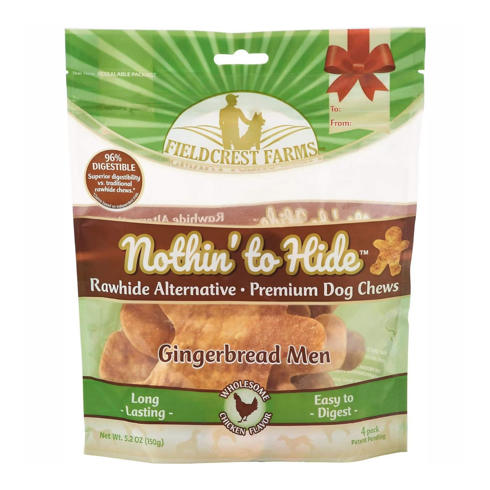 A 4-pack bag of Fieldcrest Farms Nothin' to Hide Gingerbread Men rawhide alternative dog chews, in a green and white resealable stand-up pouch with a brown band and a photo of the gingerbread-shaped chews inside.